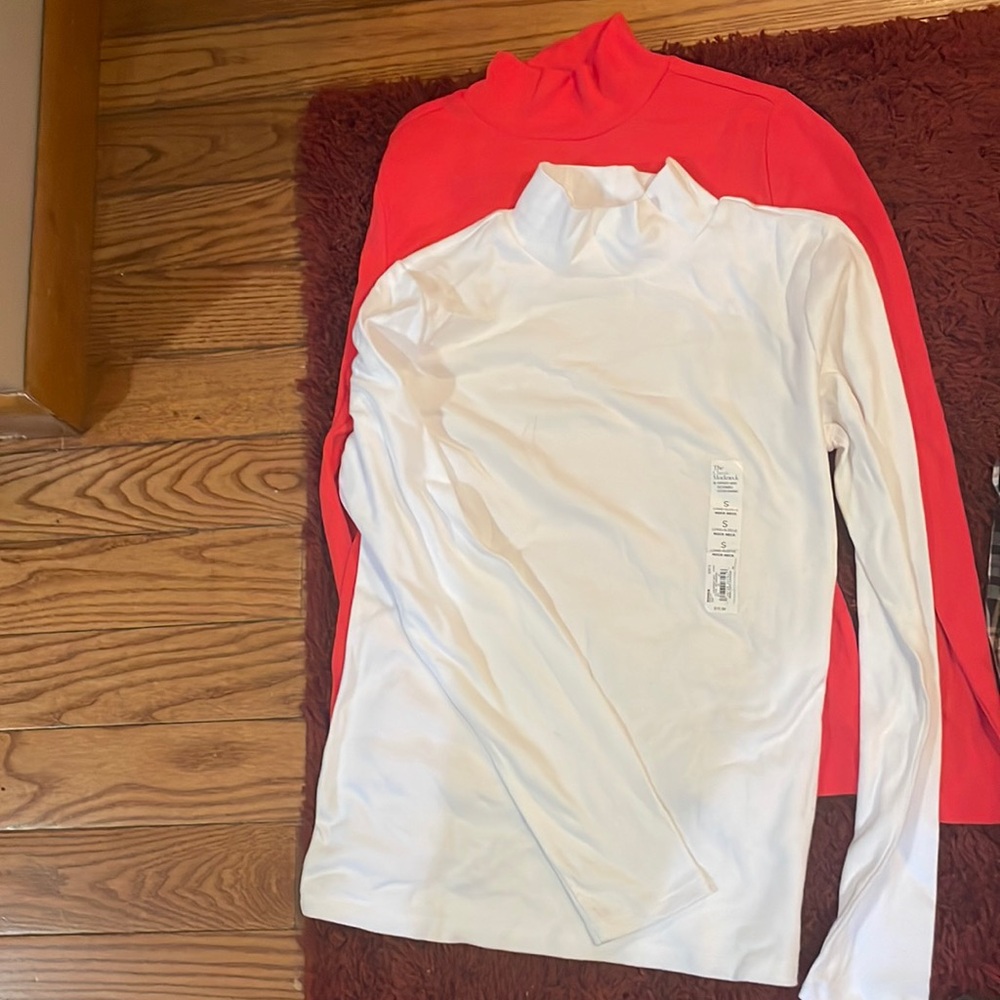 Two mock turtle necks white is small and red xs